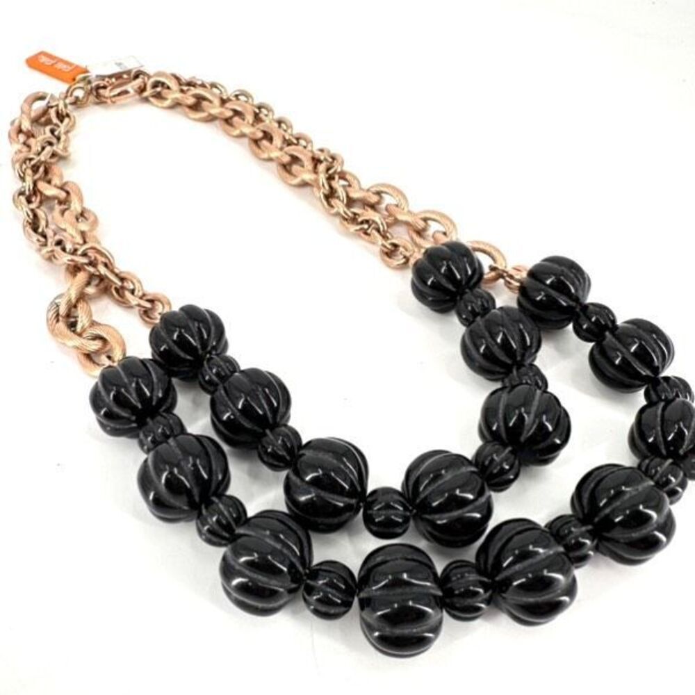NWT Folli Follie Womens Beaded Chunky Chain Links 2-Strand‎ Necklace Black Gold
